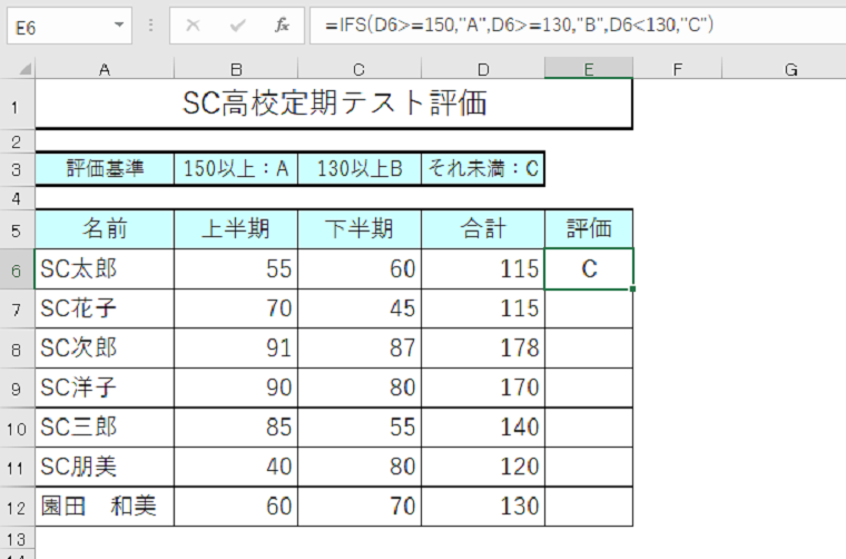 エクセルのIFS関数で複数条件の場合分け結果が出ました