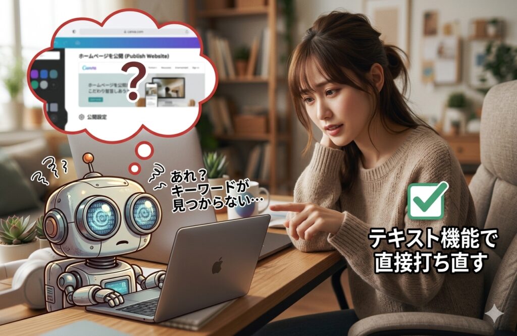 2.Canvaで作成したホームページのSEO対策｜ホームページ検索されたい「キーワード」を、canvaでテキストとして打ち直す