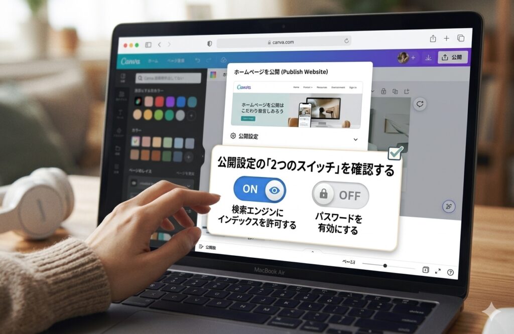 1.Canvaで作成したホームページのSEO対策｜Canvaのホームページ公開設定の「2つのスイッチ」を確認する