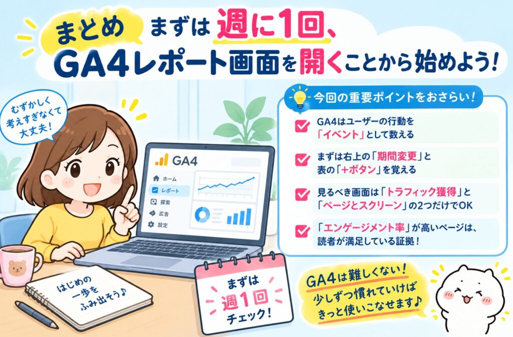 まとめ：まずは週に1回、GA４レポート画面を開くことから始めよう！