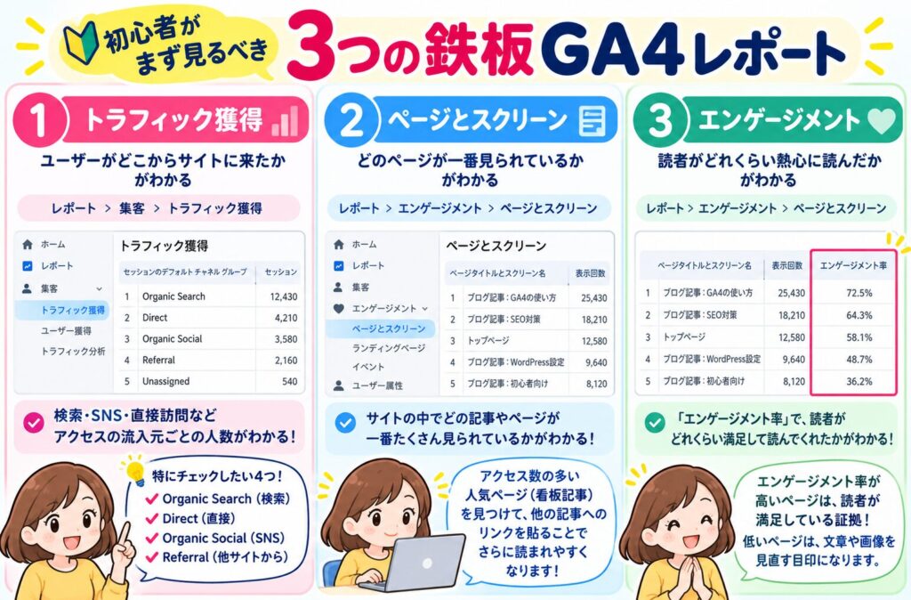 完全初心者が毎日チェックすべき「3つの鉄板GA４レポート」①トラフィック獲得②ページとスクリーン③エンゲージメントを解説します。